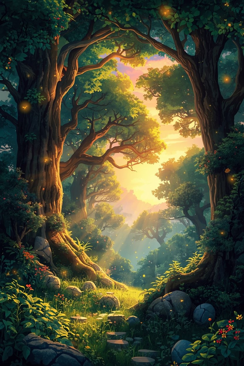 Forêt magique lumière dorée générée par IA